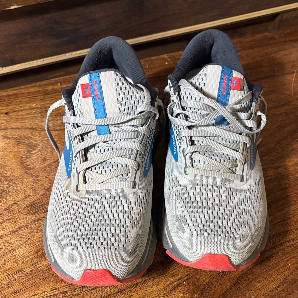 Brooks Gray and Blue Athletic Shoes with Red Accents